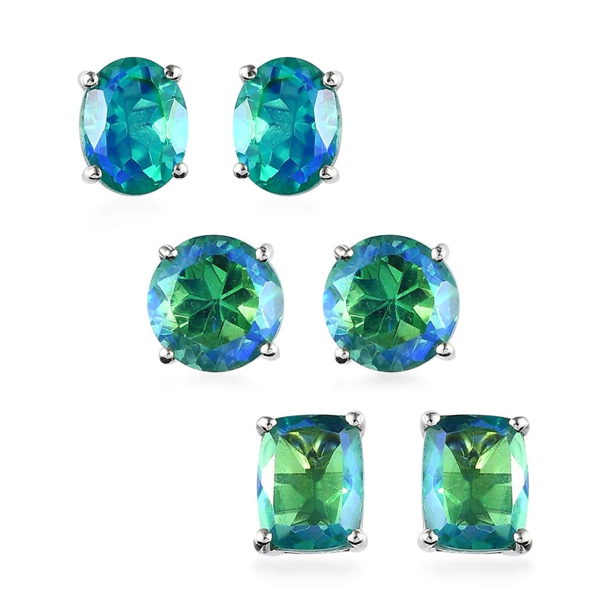 Peacock Quartz (Triplet) Set of 3 Solitaire Stud Earrings in Platinum Over Sterling Silver 15.50 ctw image number 0