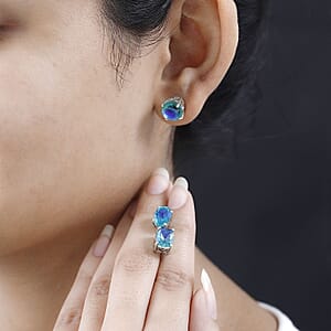 Peacock Quartz (Triplet) Set of 3 Solitaire Stud Earrings in Platinum Over Sterling Silver 15.50 ctw