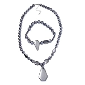 Terahertz 310.65 ctw Beaded Stretch Bracelet and Necklace in Rhodium Over Sterling Silver, Terahertz Hexagon Jewelry Set, Gift For Her 18-20 Inches