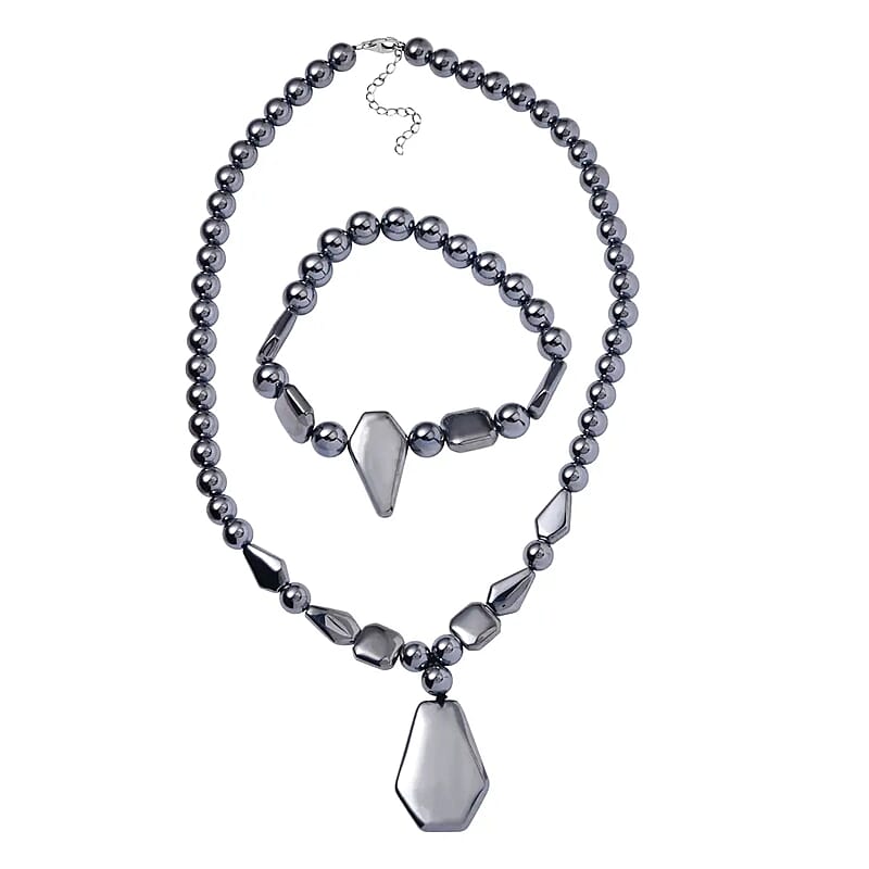 Terahertz 310.65 ctw Beaded Stretch Bracelet and Necklace in Rhodium Over Sterling Silver, Terahertz Hexagon Jewelry Set, Gift For Her 18-20 Inches