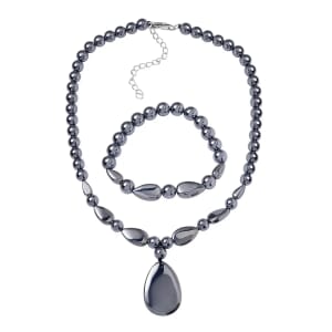 Terahertz 300.00 ctw Beaded Stretch Bracelet and Necklace in Rhodium Over Sterling Silver, Terahertz Pear Jewelry Set, Gift For Her 18-20 Inches