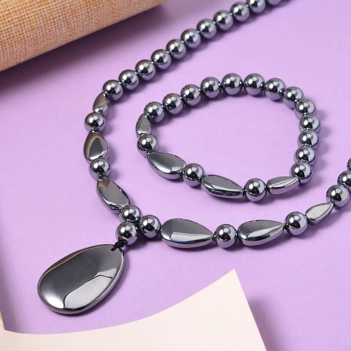 Terahertz 300.00 ctw Beaded Stretch Bracelet and Necklace in Rhodium Over Sterling Silver, Terahertz Pear Jewelry Set, Gift For Her 18-20 Inches image number 1