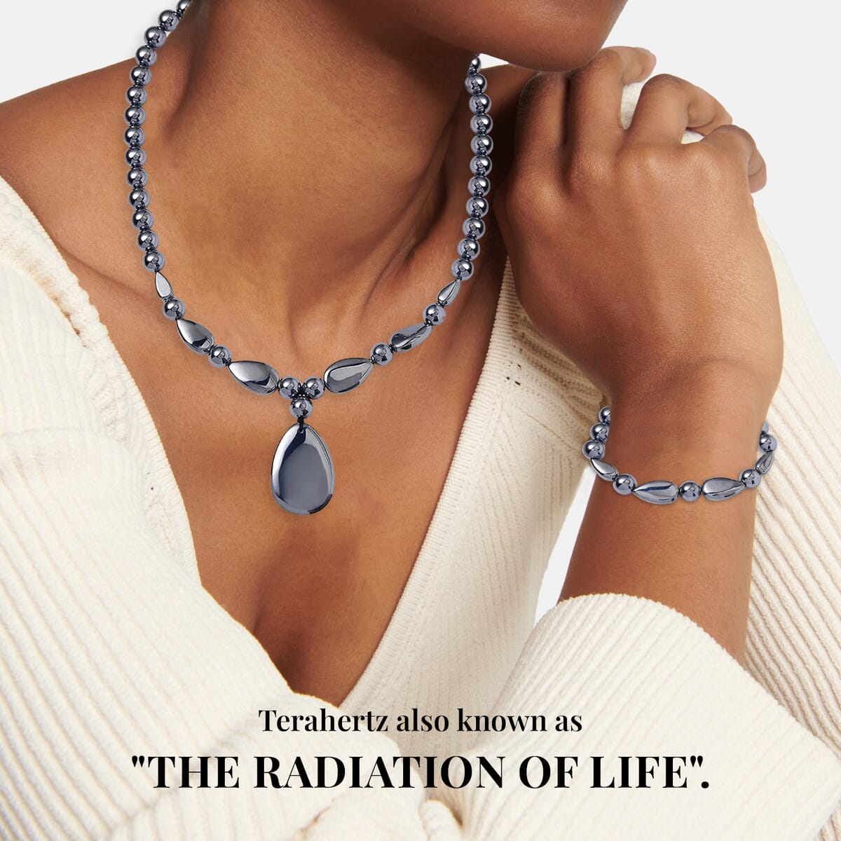 Terahertz 300.00 ctw Beaded Stretch Bracelet and Necklace in Rhodium Over Sterling Silver, Terahertz Pear Jewelry Set, Gift For Her 18-20 Inches image number 3