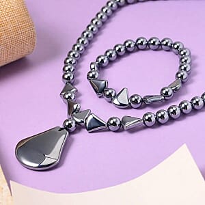 Terahertz 175.10 ctw Beaded Stretch Bracelet and Necklace in Rhodium Over Sterling Silver, Terahertz Fancy Jewelry Set, Gift For Her 18-20 Inches