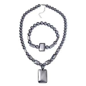 Terahertz 328.70 ctw Beaded Stretch Bracelet and Necklace in Rhodium Over Sterling Silver, Terahertz Rectangle Jewelry Set, Gift For Her 18-20 Inches