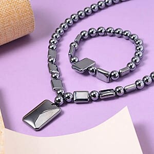 Terahertz 328.70 ctw Beaded Stretch Bracelet and Necklace in Rhodium Over Sterling Silver, Terahertz Rectangle Jewelry Set, Gift For Her 18-20 Inches