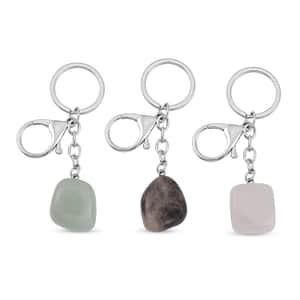 Value Buy Set of 3 Green Aventurine, Brazilian Smoky Quartz, White Crystal Quartz Keychains in Silvertone 324.00 ctw