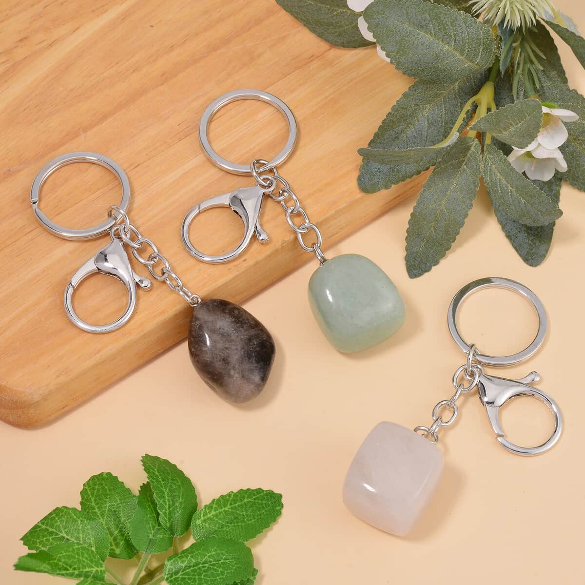 Set of 3 Green Aventurine, Brazilian Smoky Quartz, White Crystal Quartz Keychains in Silvertone 324.00 ctw image number 1