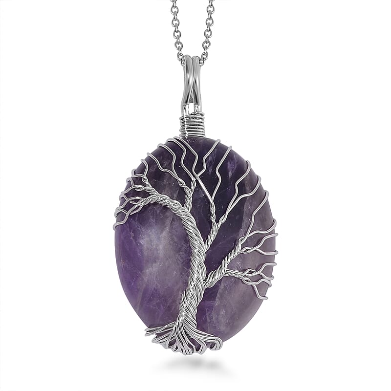 Amethyst 50.00 ctw Tree of Life Pendant in Silvertone with Stainless Steel Necklace 20-22 Inches