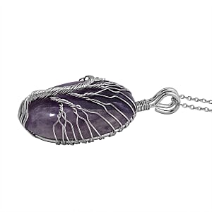 Amethyst 50.00 ctw Tree of Life Pendant in Silvertone with Stainless Steel Necklace 20-22 Inches