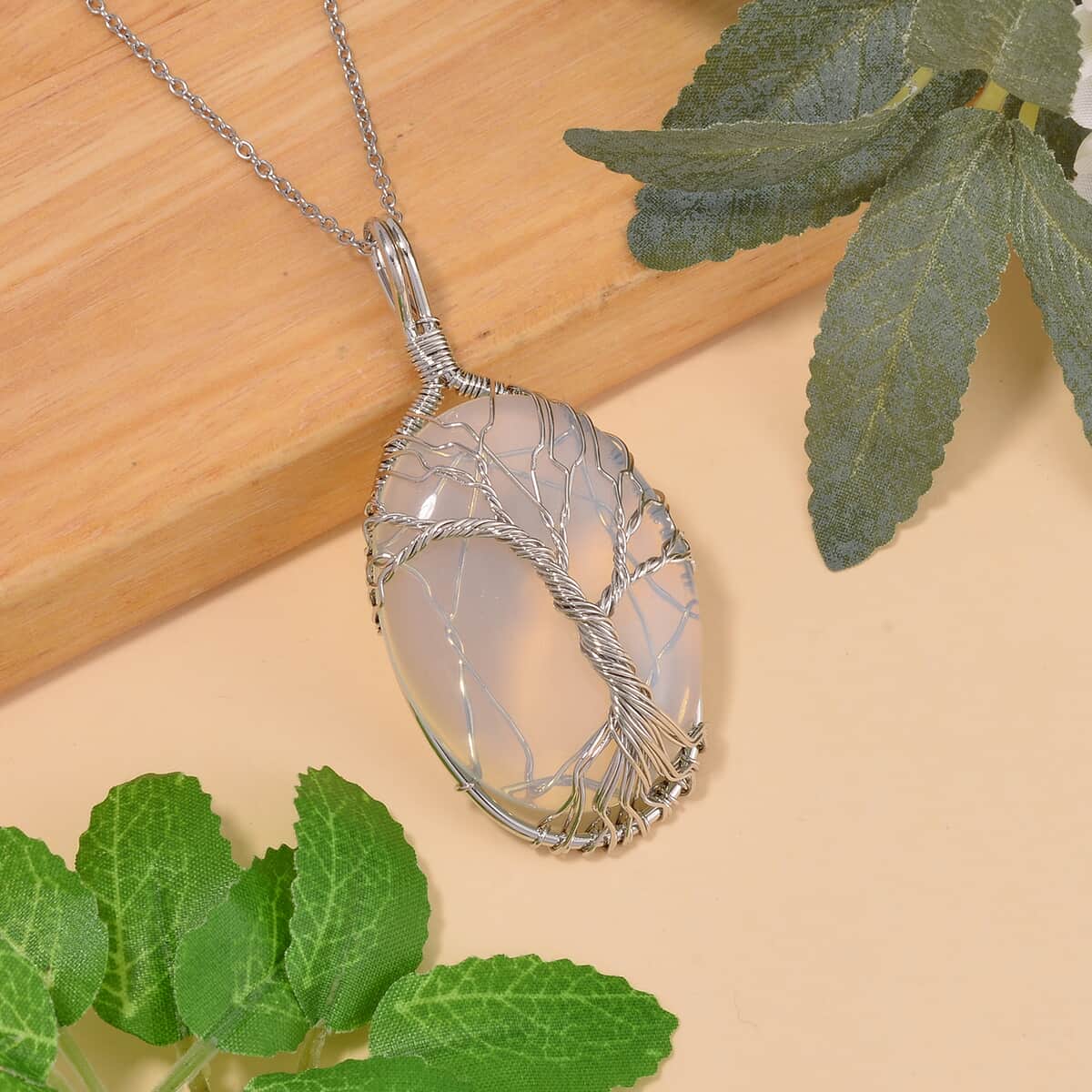 Opalite 50.00 ctw Pendant in Silvertone with Stainless Steel Necklace 20-22 Inches image number 1