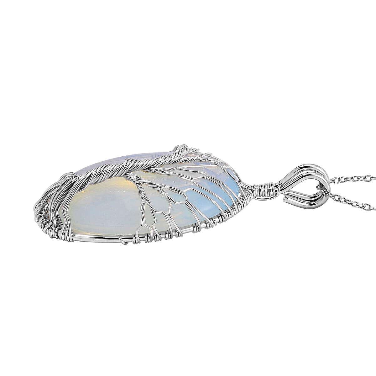 Opalite 50.00 ctw Tree of Life Pendant in Silvertone with Stainless Steel Necklace 20-22 Inches