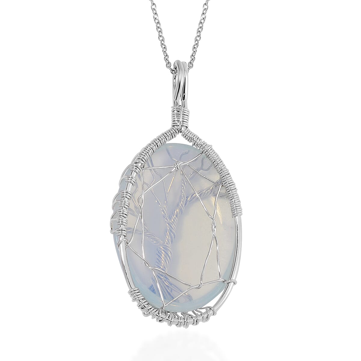 Opalite 50.00 ctw Tree of Life Pendant in Silvertone with Stainless Steel Necklace 20-22 Inches