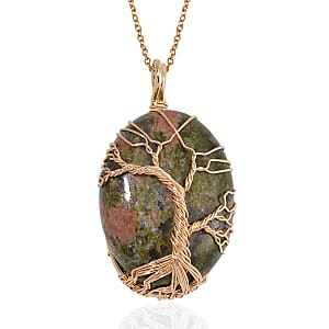 Unakite 50.00 ctw Tree of Life Pendant in Goldtone with ION Plated Yellow Gold Stainless Steel Necklace 20-22 Inches