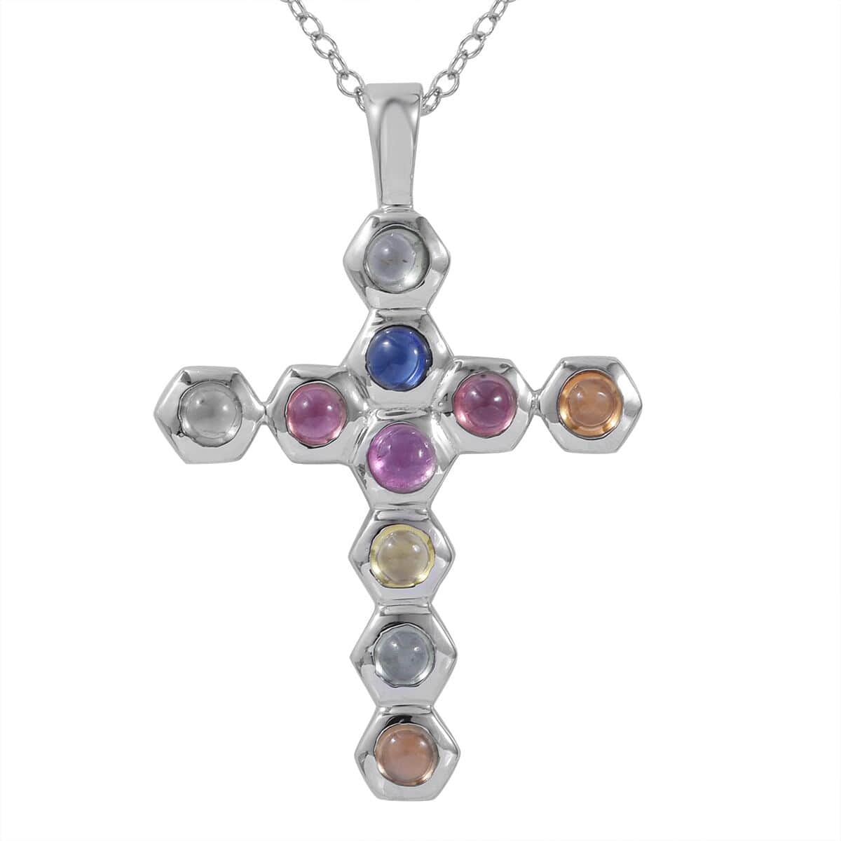Multi Sapphire Cross Pendant Necklace 18 Inches in Platinum Over Sterling Silver 1.75 ctw image number 0