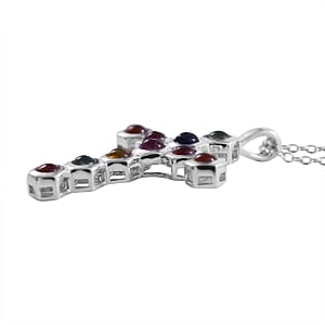 Multi Sapphire Cross Pendant Necklace 18 Inches in Platinum Over Sterling Silver 1.75 ctw