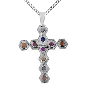 Multi Sapphire Cross Pendant Necklace 18 Inches in Platinum Over Sterling Silver 1.75 ctw