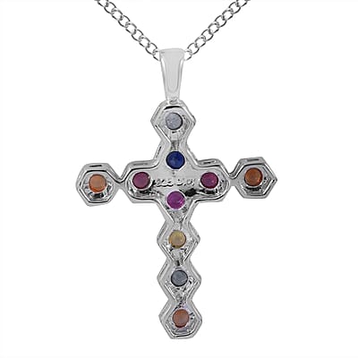 Multi Sapphire Cross Pendant Necklace 18 Inches in Platinum Over Sterling Silver 1.75 ctw