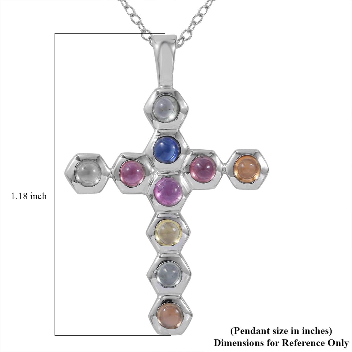 Multi Sapphire Cross Pendant Necklace 18 Inches in Platinum Over Sterling Silver 1.75 ctw image number 5