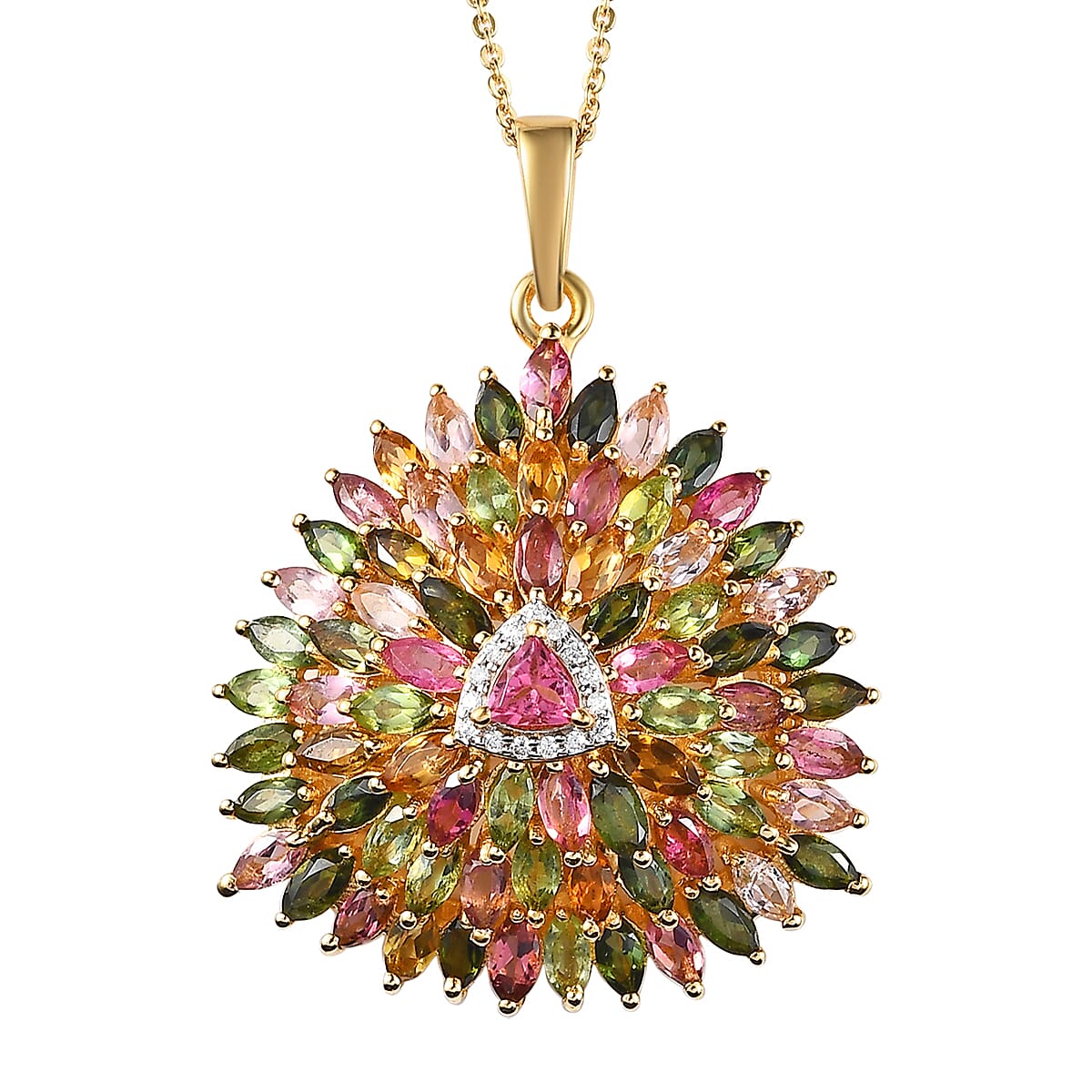 Multi-Tourmaline and Moissanite Sparkle Pendant Necklace 20 Inches in Vermeil Yellow Gold Over Sterling Silver 6.50 ctw