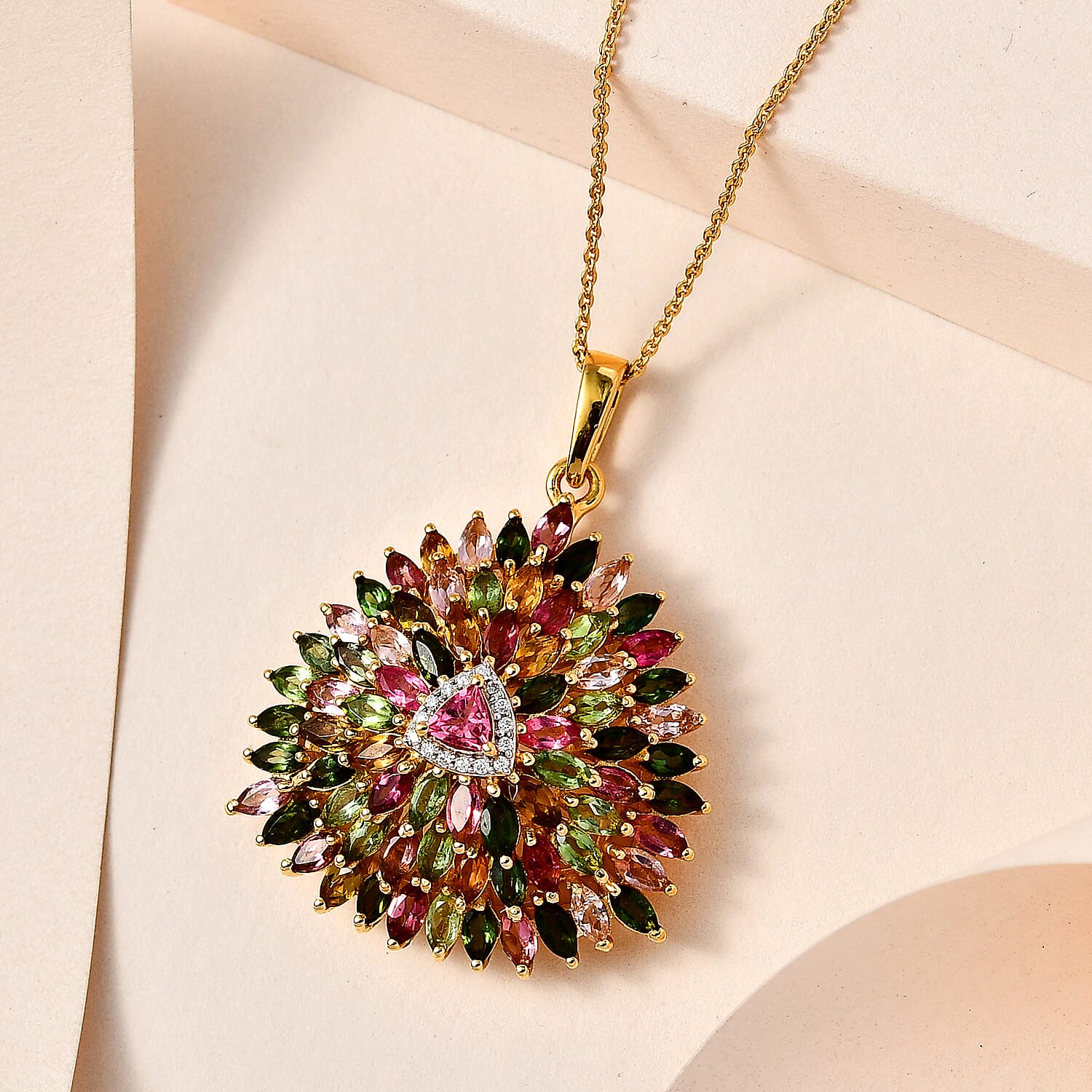 Multi-Tourmaline and Moissanite Sparkle Pendant Necklace 20 Inches in Vermeil Yellow Gold Over Sterling Silver 6.50 ctw
