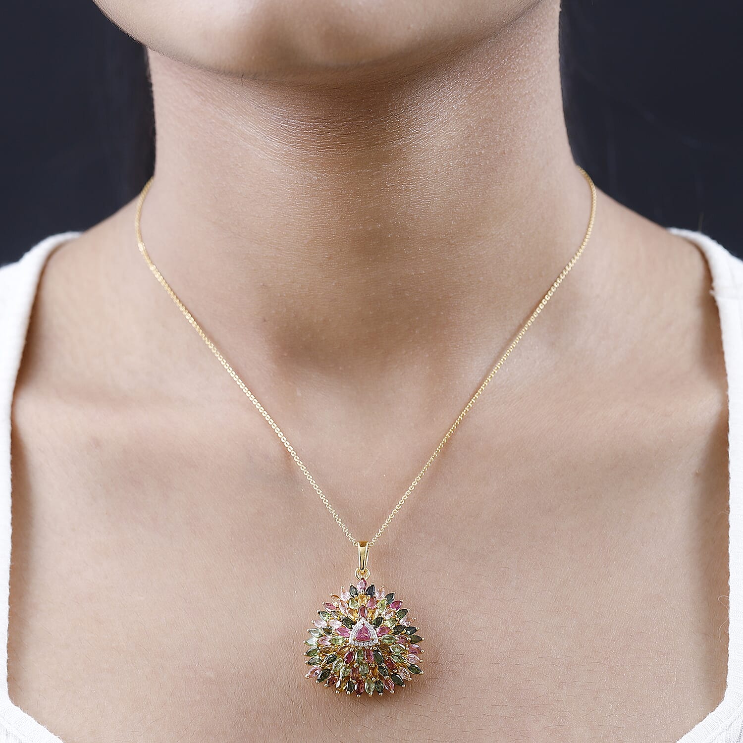 Multi-Tourmaline and Moissanite Sparkle Pendant Necklace 20 Inches in Vermeil Yellow Gold Over Sterling Silver 6.50 ctw