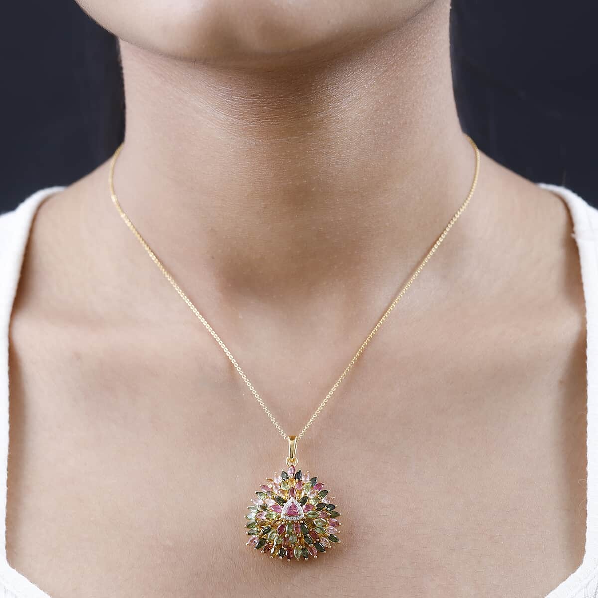 Multi-Tourmaline and Moissanite Sparkle Pendant Necklace 20 Inches in Vermeil Yellow Gold Over Sterling Silver 6.50 ctw image number 2