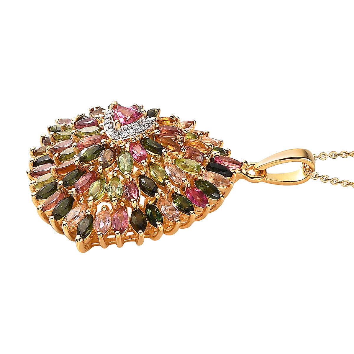 Multi-Tourmaline and Moissanite Sparkle Pendant Necklace 20 Inches in Vermeil Yellow Gold Over Sterling Silver 6.50 ctw