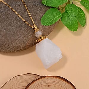 White Crystal Quartz 100.00 ctw Perfume Bottle Pendant in Goldtone with ION Plated Yellow Gold Stainless Steel Necklace 18-20 Inches