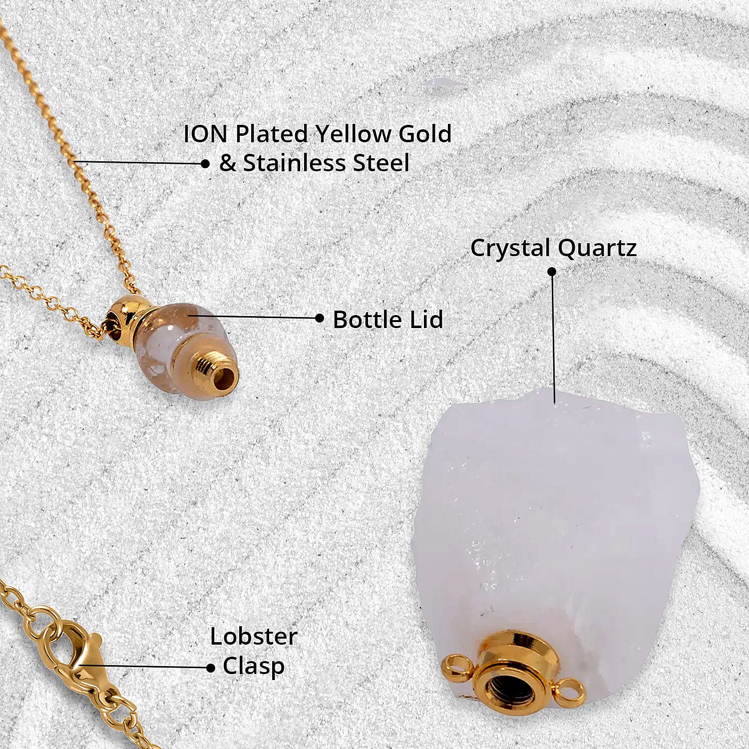White Crystal Quartz 100.00 ctw Perfume Bottle Pendant in Goldtone with ION Plated Yellow Gold Stainless Steel Necklace 18-20 Inches