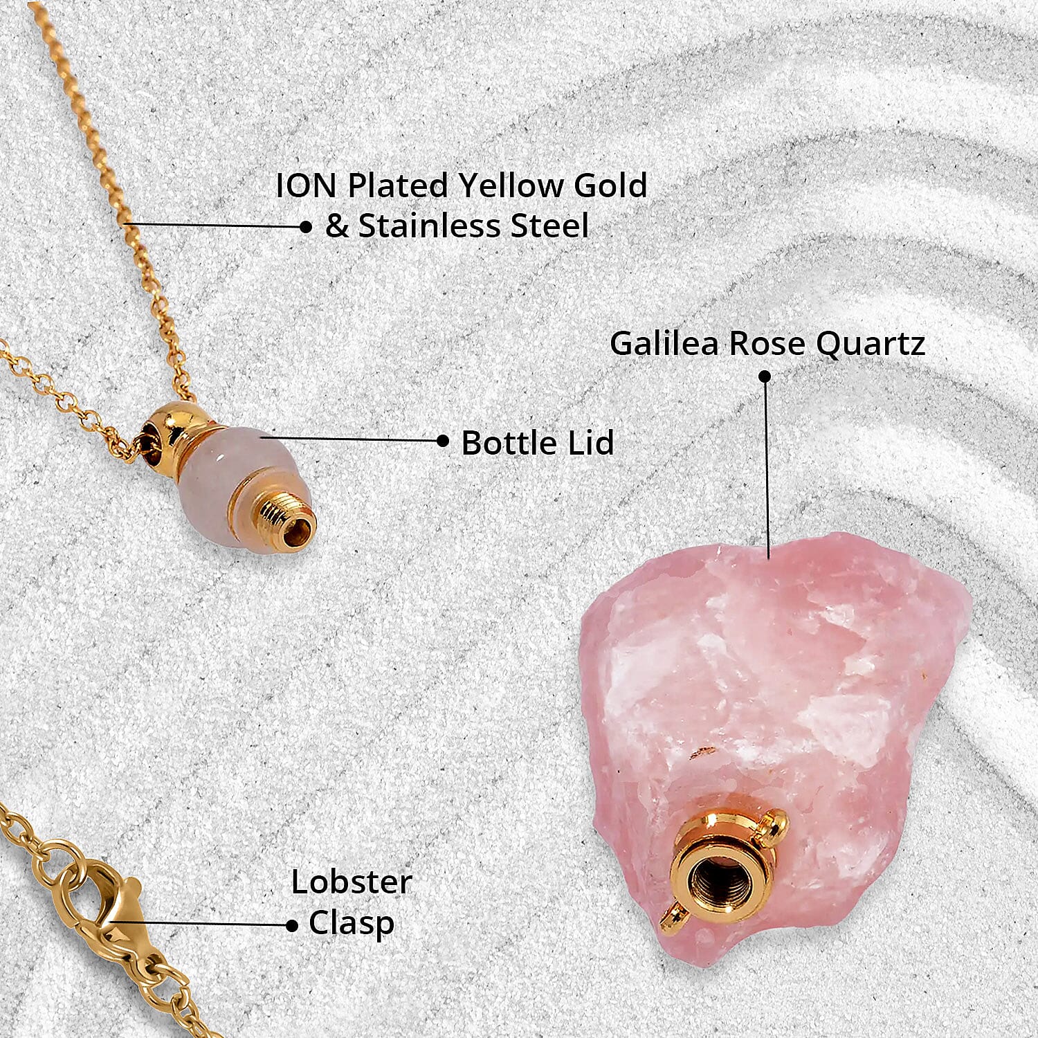 Galilea Rose Quartz 100.00 ctw Perfume Bottle Pendant in Goldtone with ION Plated Yellow Gold Stainless Steel Necklace 18-20 Inches