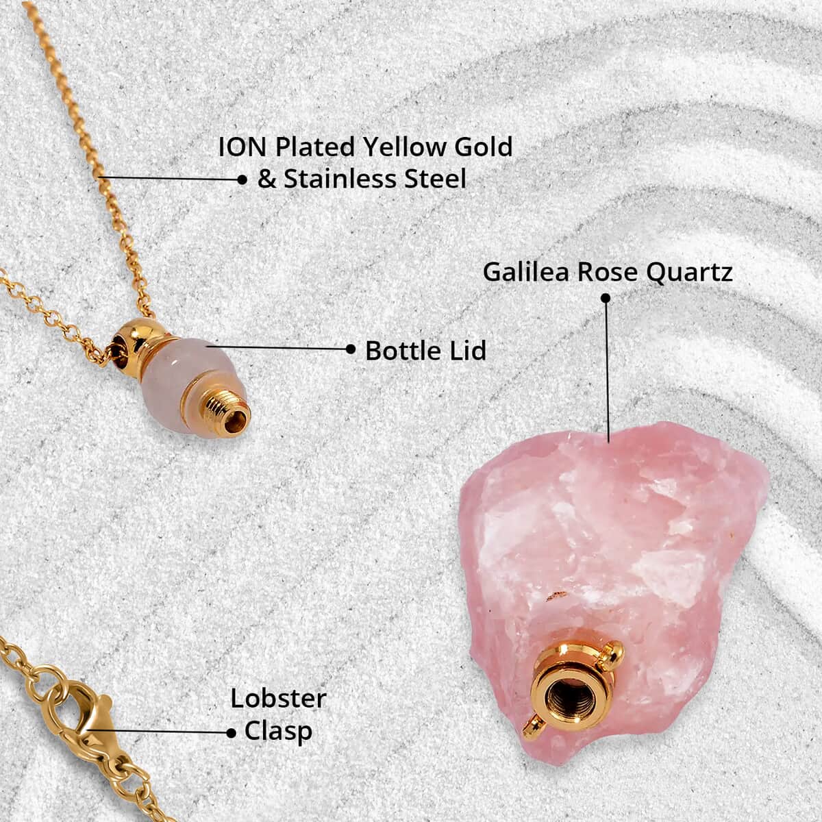 Galilea Rose Quartz 100.00 ctw Perfume Bottle Pendant in Goldtone with ION Plated Yellow Gold Stainless Steel Necklace 18-20 Inches image number 4