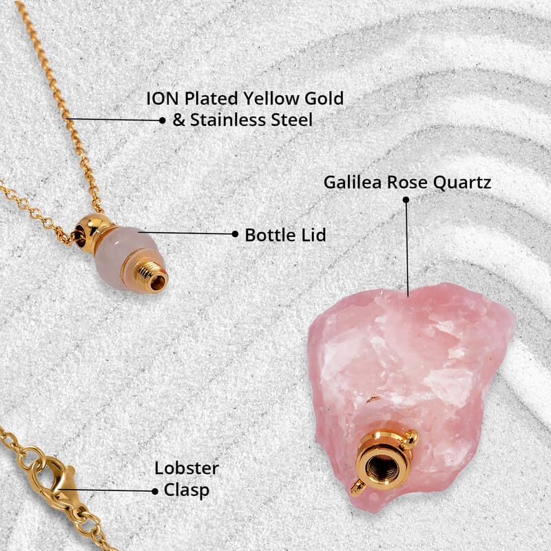 Galilea Rose Quartz 100.00 ctw Perfume Bottle Pendant in Goldtone with ION Plated Yellow Gold Stainless Steel Necklace 18-20 Inches