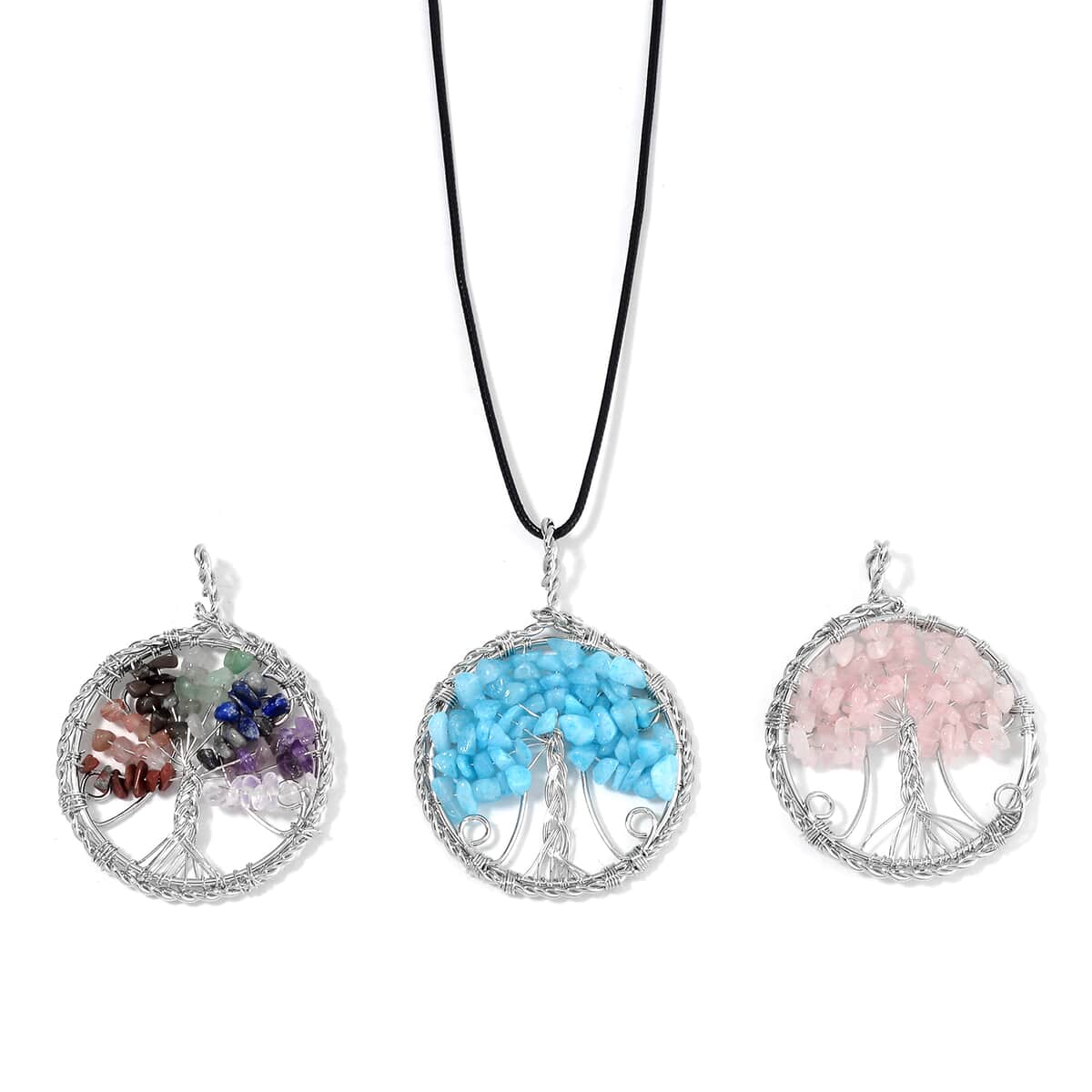 Galilea Rose Quartz and Multi Gemstone, Aquamarine Tree of Life Pendant in Silvertone with Leather Necklace (24 Inches) 45.00 ctw image number 0