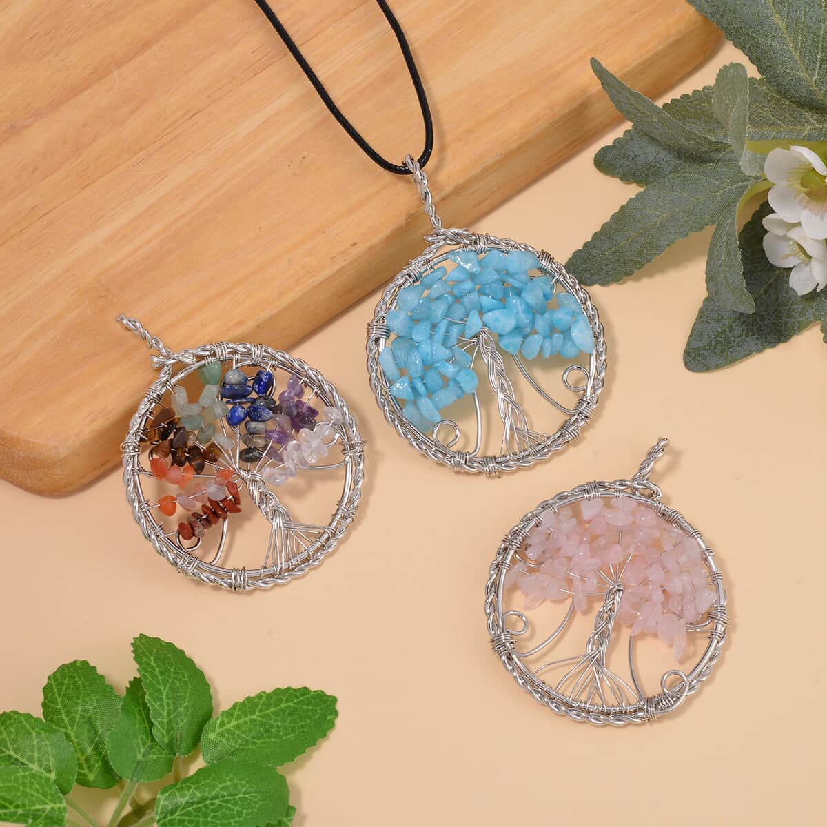 Galilea Rose Quartz and Multi Gemstone, Aquamarine Tree of Life Pendant in Silvertone with Leather Necklace (24 Inches) 45.00 ctw image number 1