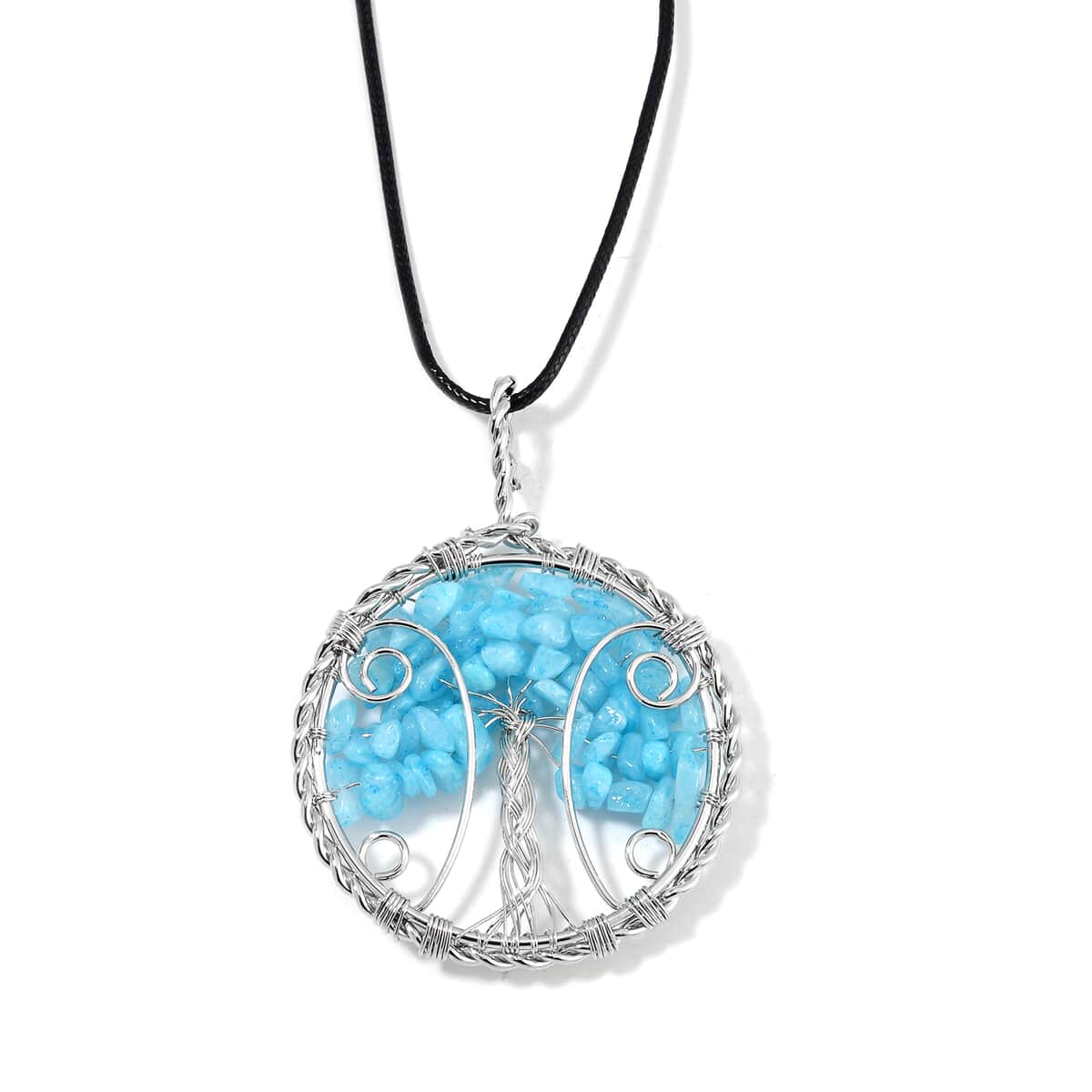 Galilea Rose Quartz and Multi Gemstone, Aquamarine Tree of Life Pendant in Silvertone with Leather Necklace (24 Inches) 45.00 ctw image number 3