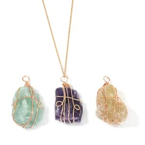 Fluorite, Amethyst and Citrine Pendant in Goldtone with ION Plated Yellow Gold Stainless Steel Necklace 20-22 Inches 294.00 ctw