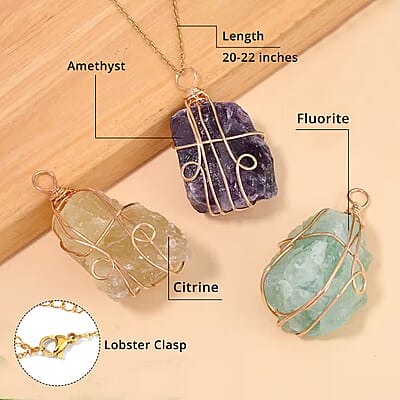 Fluorite, Amethyst and Citrine 294.00 ctw Pendant in Goldtone with ION Plated Yellow Gold Stainless Steel Necklace 20-22 Inches