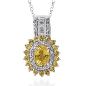 Madagascar Yellow Sapphire and White Zircon Double Halo Pendant Necklace 18 Inches in Platinum Over Sterling Silver 3.25 ctw