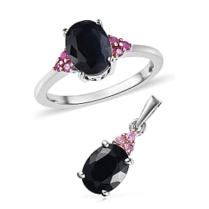Midnight Sapphire and Madagascar Pink Sapphire Ring (Size 7.0) and Pendant in Platinum Over Sterling Silver 3.65 ctw