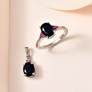 Midnight Sapphire and Madagascar Pink Sapphire Ring (Size 7.0) and Pendant in Platinum Over Sterling Silver 3.65 ctw