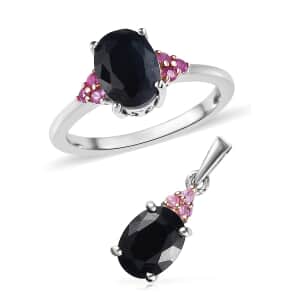 Midnight Sapphire and Madagascar Pink Sapphire Ring (Size 8.0) and Pendant in Platinum Over Sterling Silver 3.65 ctw