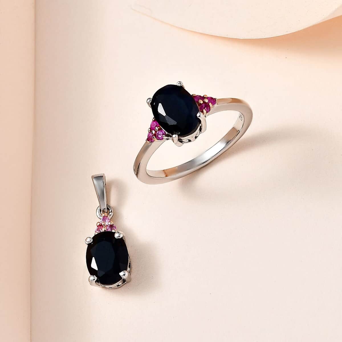Midnight Sapphire and Madagascar Pink Sapphire Ring (Size 8.0) and Pendant in Platinum Over Sterling Silver 3.65 ctw image number 1