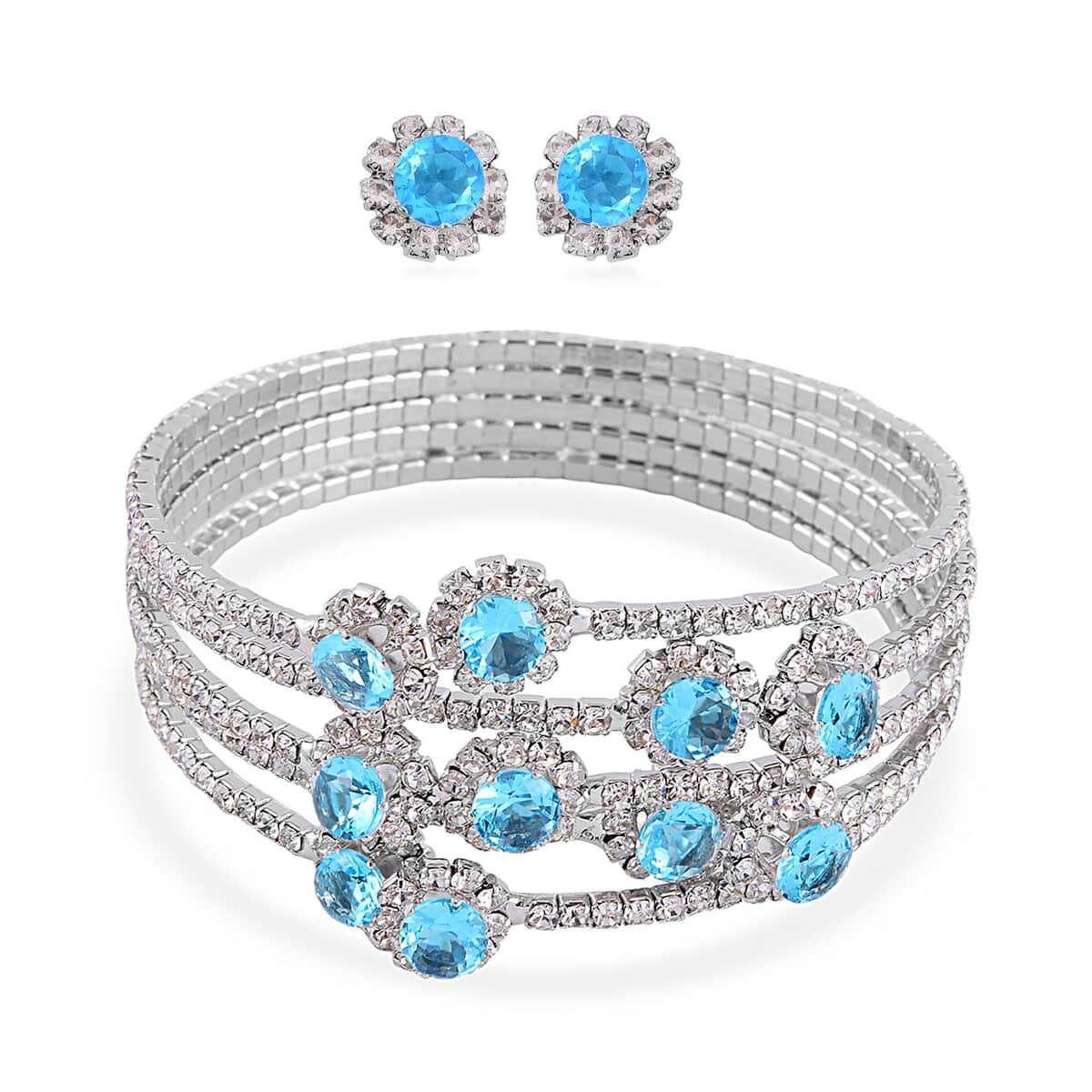 Sky Blue and White Color Austrian Crystal Bangle Bracelet (7-7.5 In) and Earrings in Silvertone image number 0