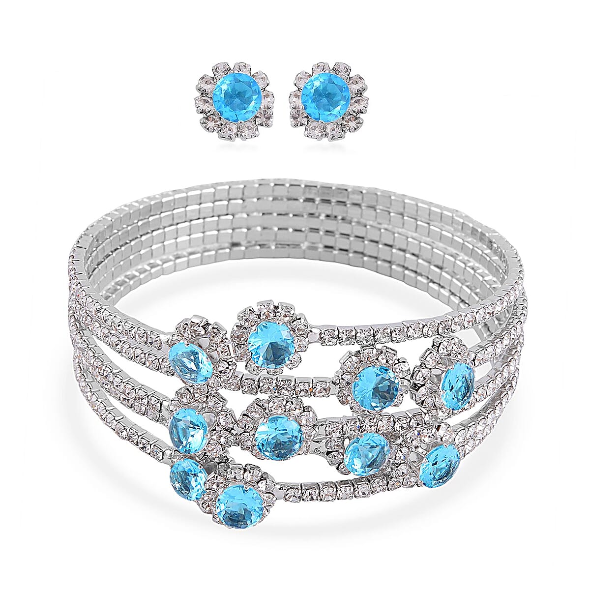 Sky Blue and White Color Austrian Crystal Bangle Bracelet (7-7.5 In) and Earrings in Silvertone image number 0