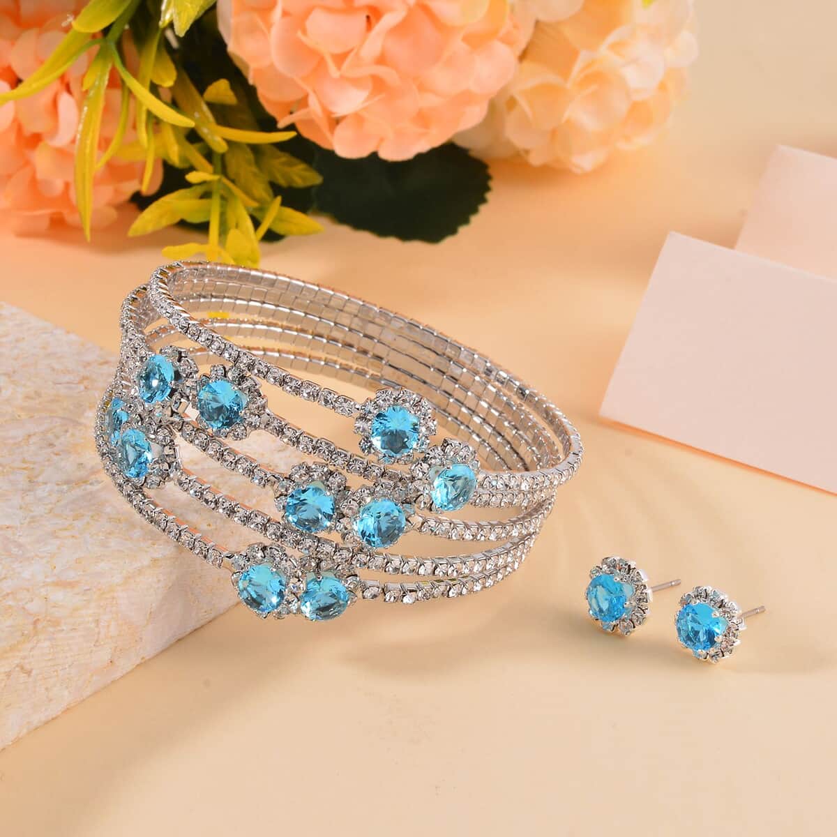 Sky Blue and White Color Austrian Crystal Bangle Bracelet (7-7.5 In) and Earrings in Silvertone image number 1