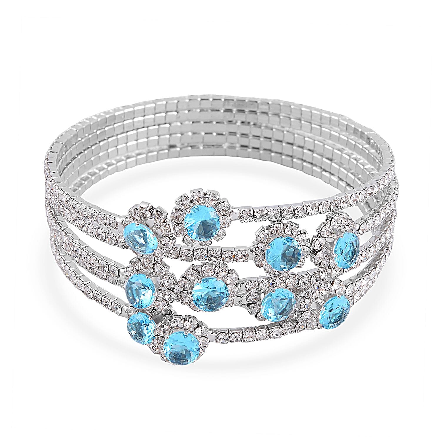 Sky Blue and White Color Austrian Crystal Bangle Bracelet (7-7.5 In) and Earrings in Silvertone