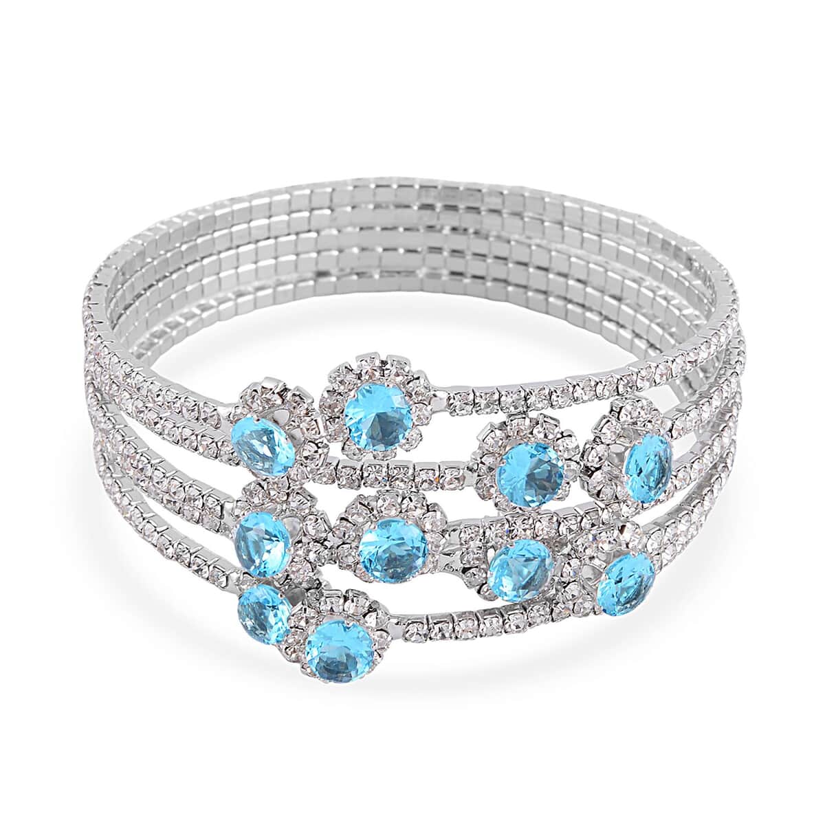 Sky Blue and White Color Austrian Crystal Bangle Bracelet (7-7.5 In) and Earrings in Silvertone image number 2