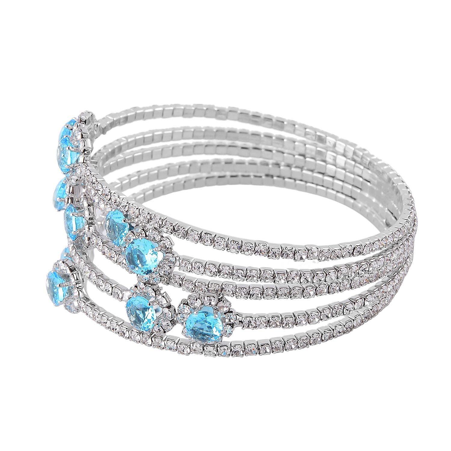 Sky Blue and White Color Austrian Crystal Bangle Bracelet (7-7.5 In) and Earrings in Silvertone