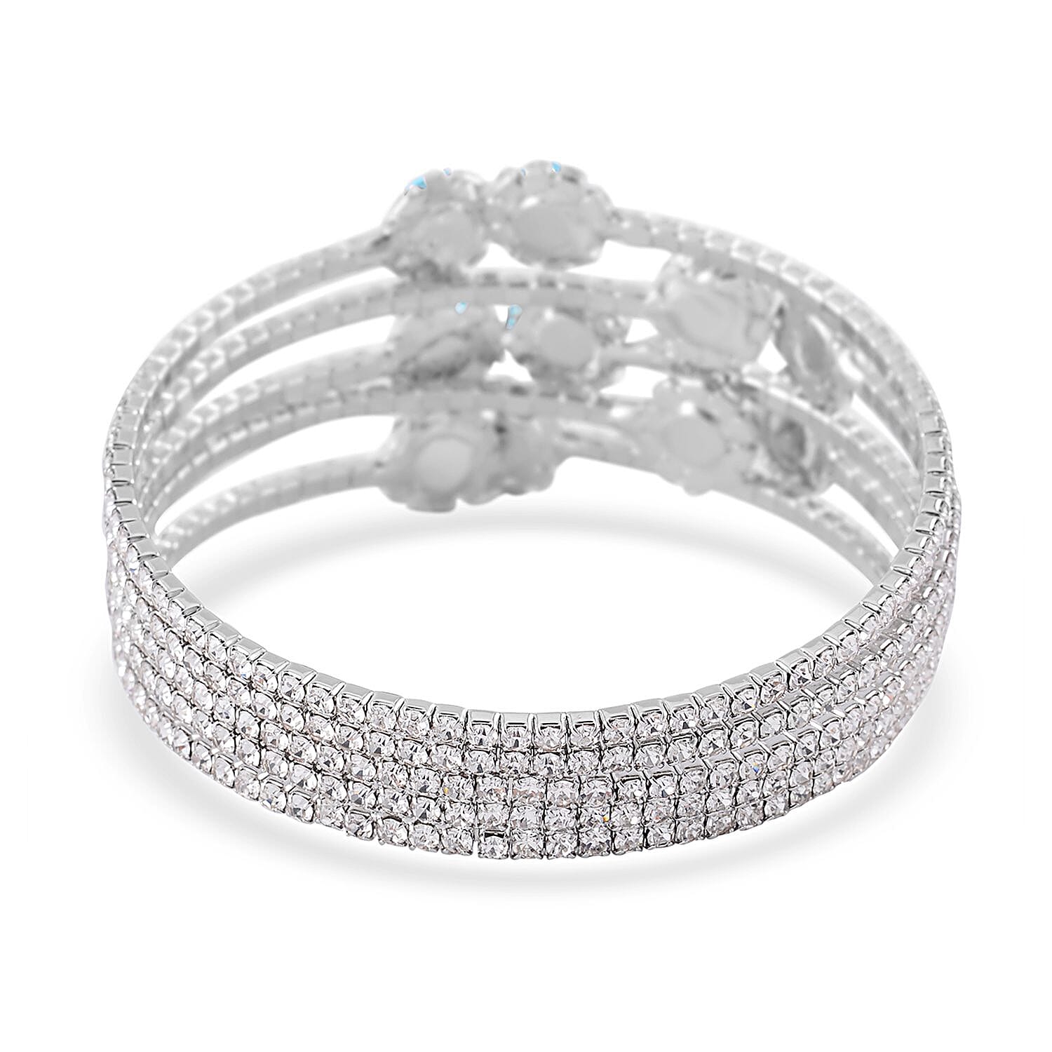 Sky Blue and White Color Austrian Crystal Bangle Bracelet (7-7.5 In) and Earrings in Silvertone